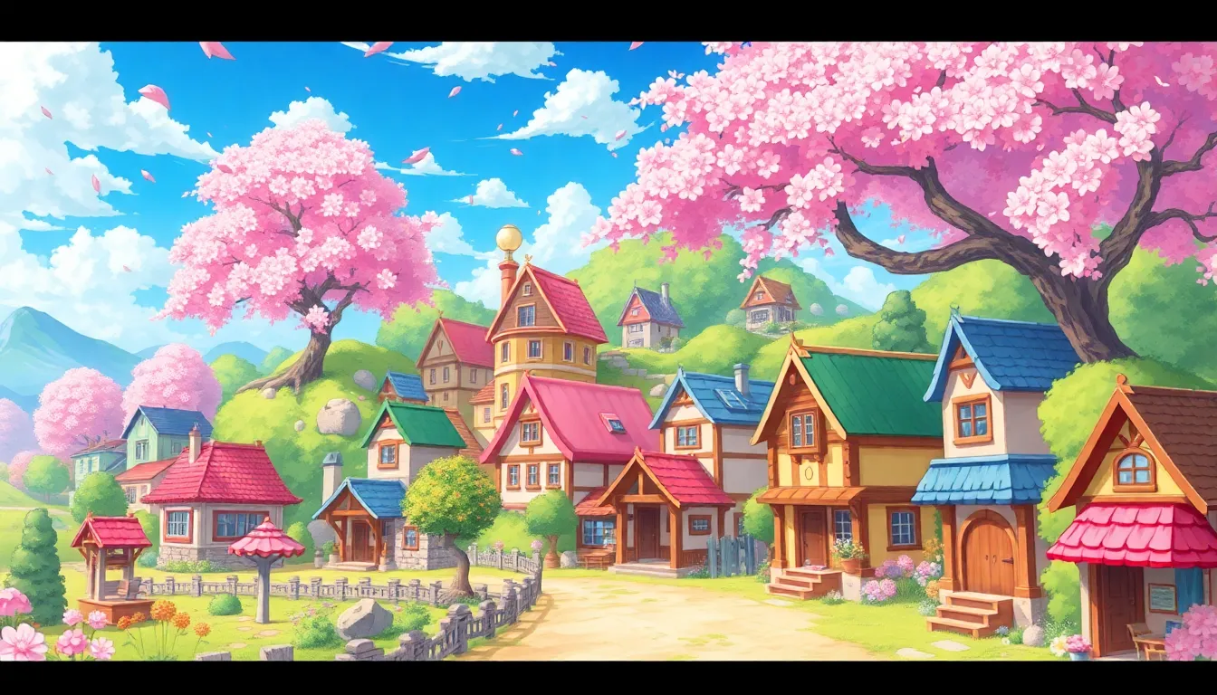 A vibrant anime-style fantasy village with colorful houses, cherry blossom trees, and cheerful villa...