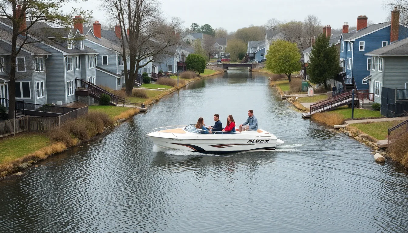 A small meandering river, on both sides of the river residents gray houses, in the middle of the riv...