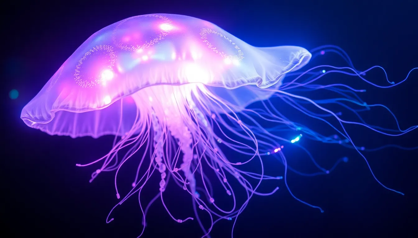 A luminous jellyfish-like creature floating in space, with tendrils of light flowing beneath, castin...