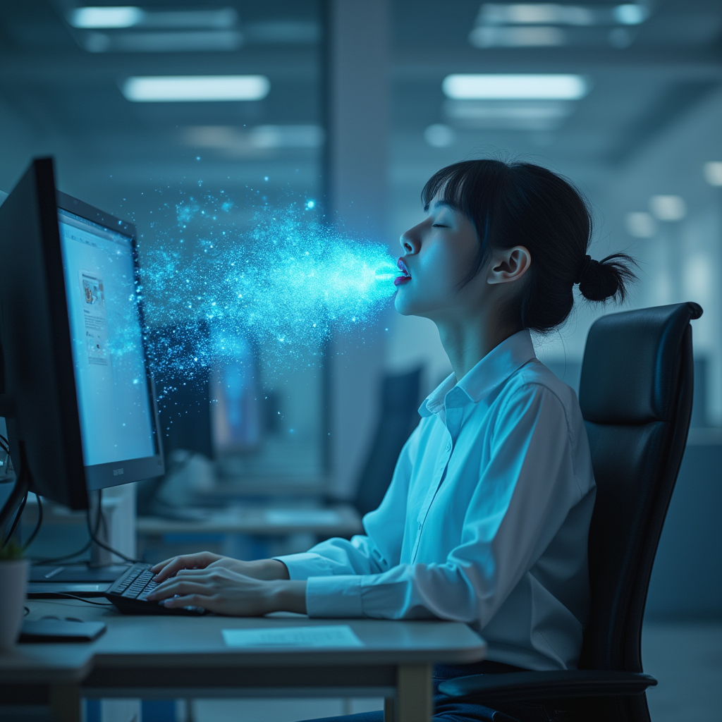 A modern Chinese office worker sitting at the work...
