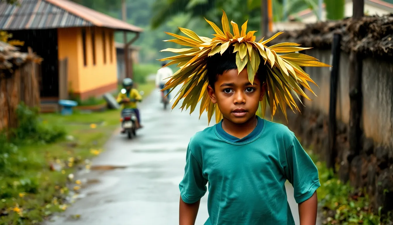 Two 10 years old cute boy coming from school running during the rain through a village road covering...