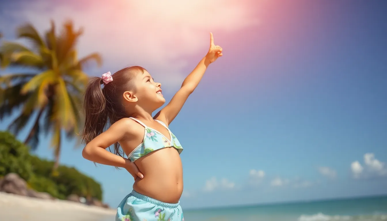 A little girl wearing a bikini ass pointing up to ... A little girl wearing a bikini ass pointing up to ...