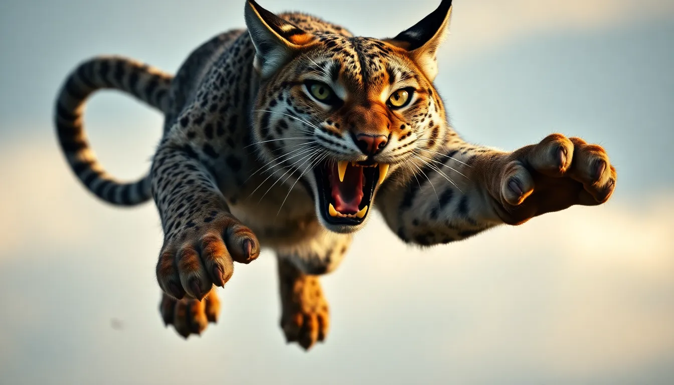 Create a powerful and stylized image of a snarling lynx captured mid-leap, seen from a dramatic low-...