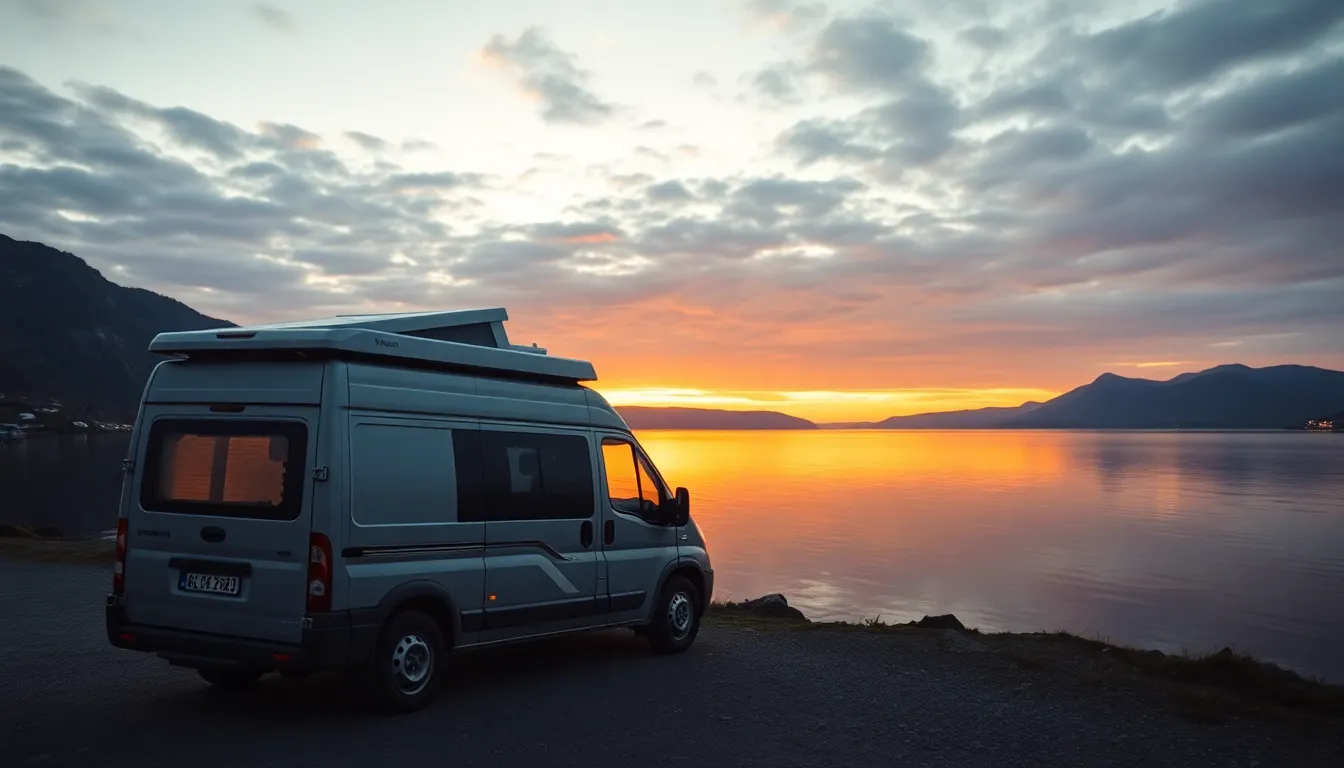 A compact luxury campervan parked at the edge of a... A compact luxury campervan parked at the edge of a...
