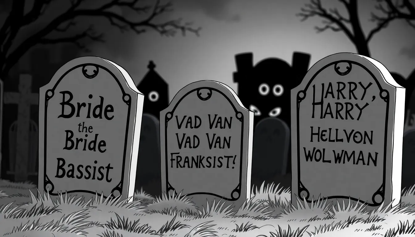 A black and white picture of an animated spooky gothic cemetery with three headstones in the foregro...