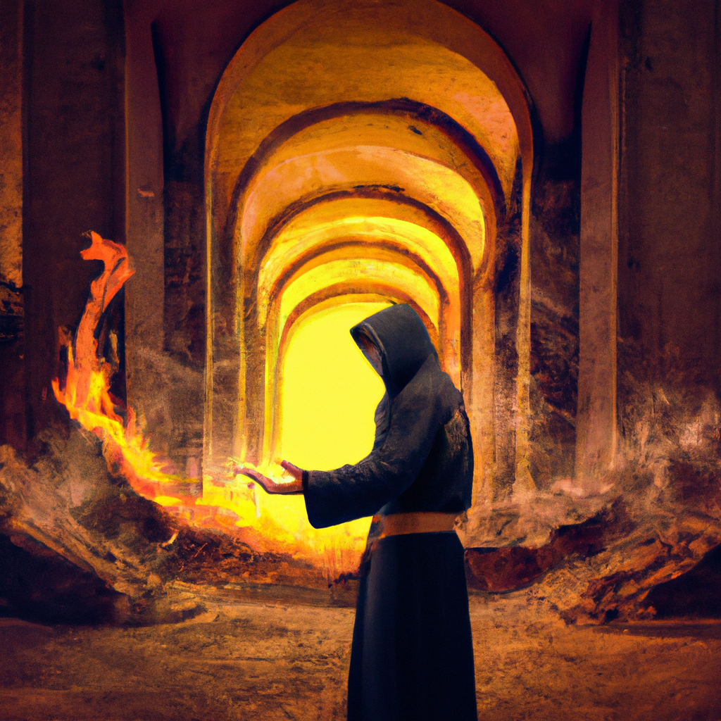 A mage in a dark robe, casting a powerful fire spell in a ruined temple.