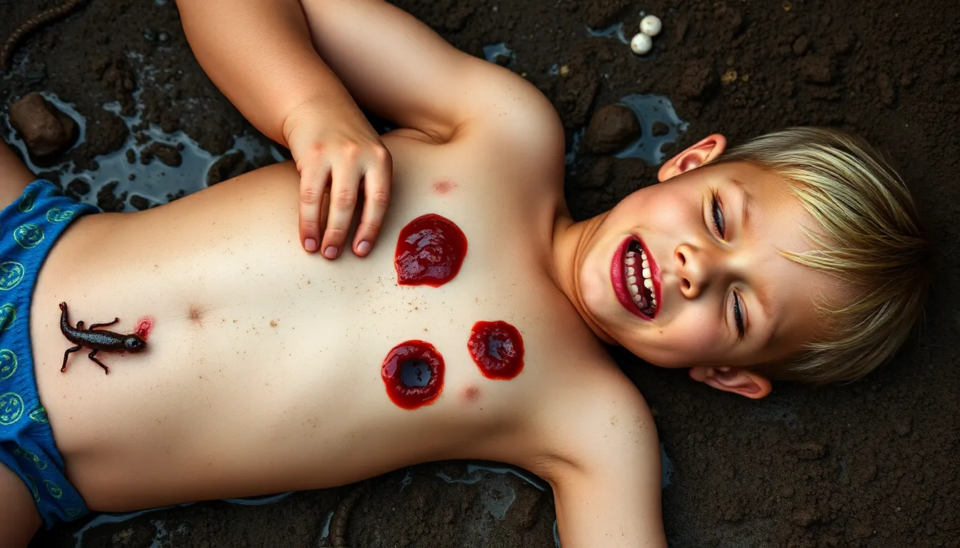 A poor 6-year-old boy with short blond hair and a ...