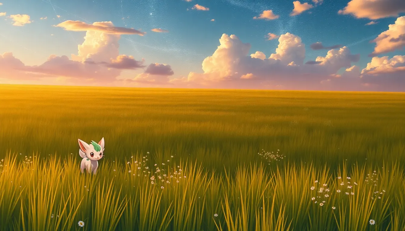 une vaste prairie avec un pokemon : mew, dans le ciel