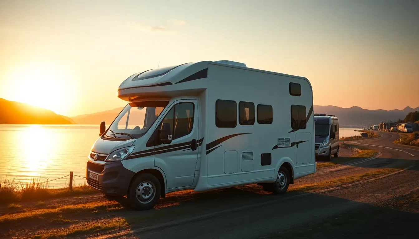 A cinematic wide shot of a luxury compact motorhom... A cinematic wide shot of a luxury compact motorhom...