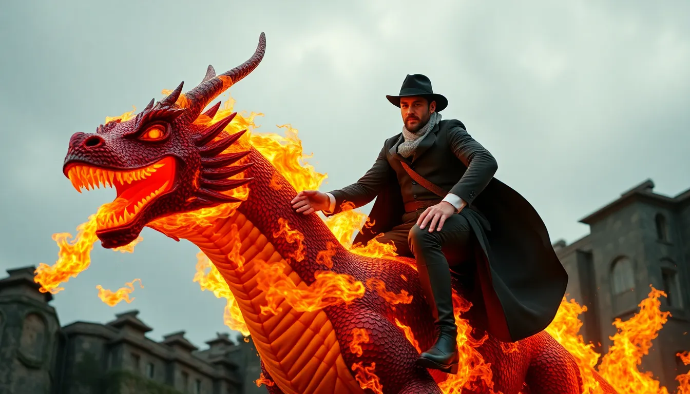 A man in formal attire rides on a fire-breathing dragon