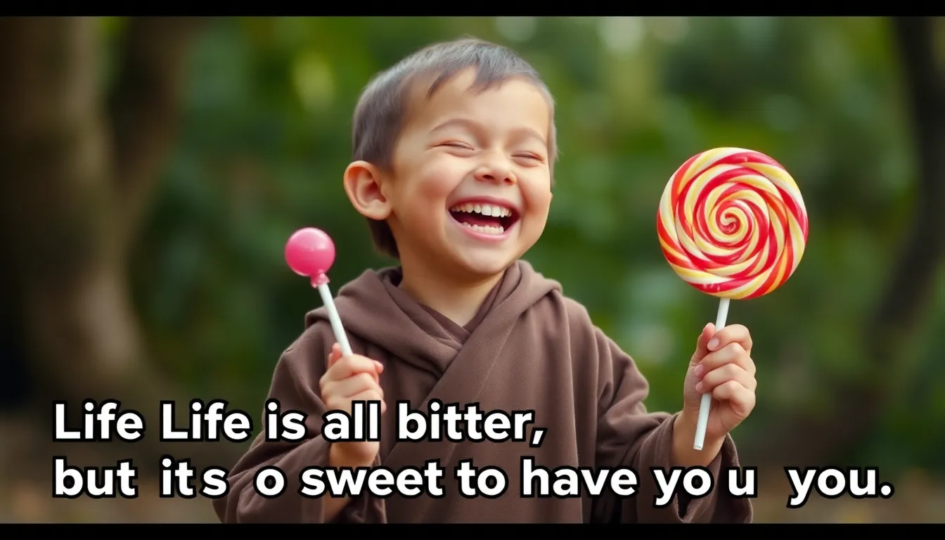 A little monk is holding a lollipop in his hand, laughing heartily. The caption reads: Life is all b...