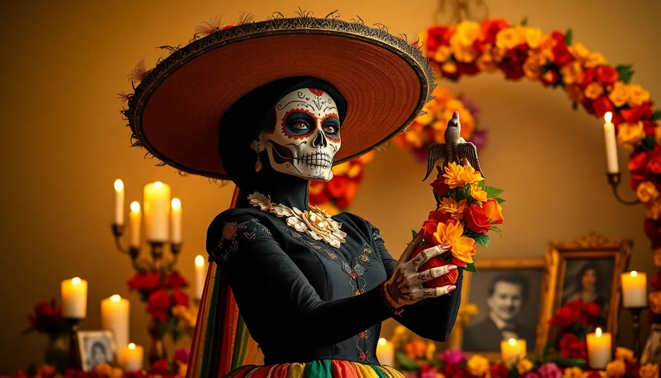 Una catrina que no sea humana, de mirada intensa,con un elegante vestido estilo porfiriato, de color...