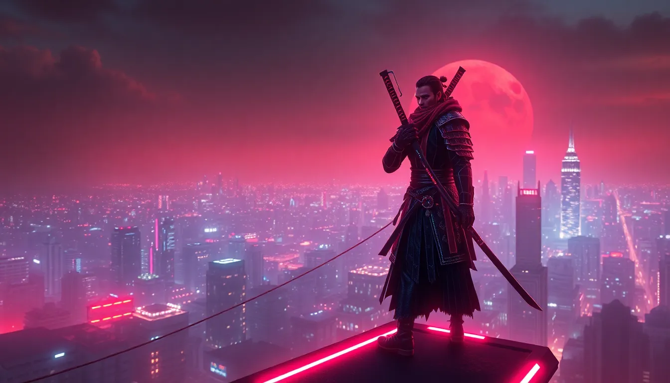 A cyberpunk samurai standing on a neon-lit rooftop...