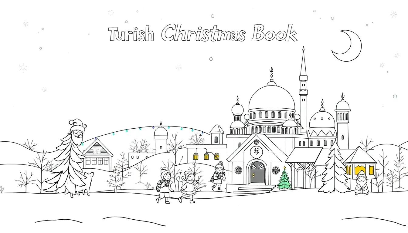 Cover page illustration: Christmas-themed Turkish winter scene with children, Santa, Ottoman houses,...