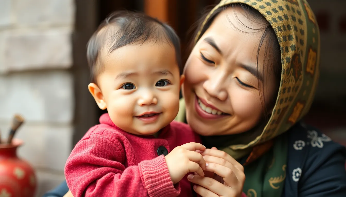 a cute china baby with his young mother 