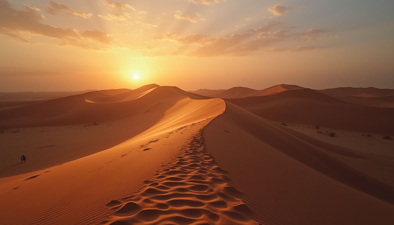 A desert landscape with massive sand dunes, a sett...