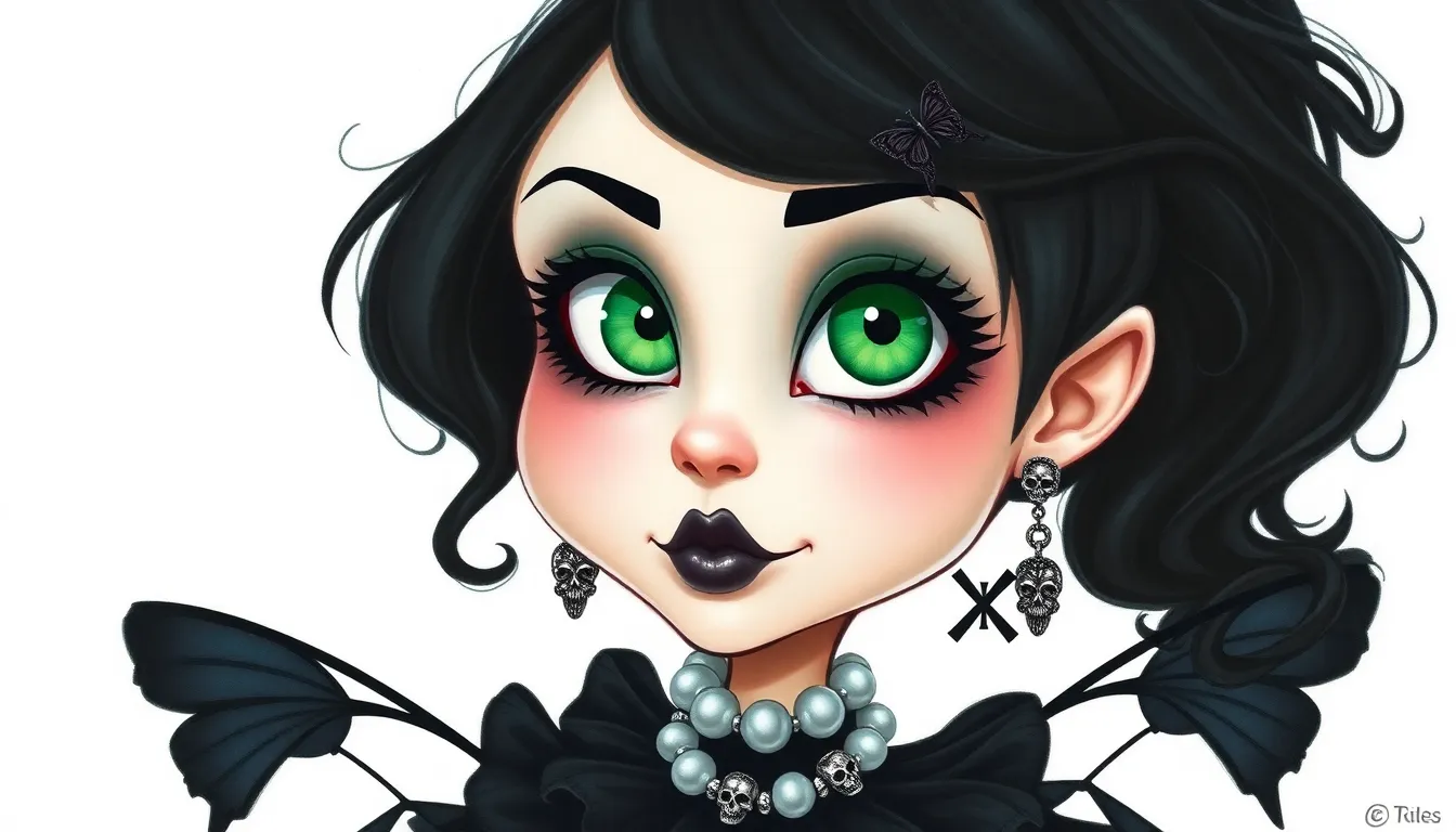 funny caricature                 
Girl with strikingly large, bright emerald green eyes and pale por...