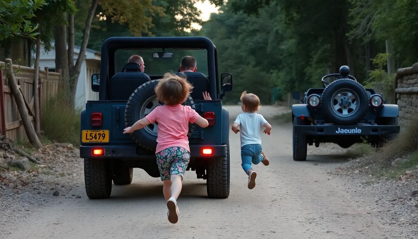  Children are running behind the jeep. 