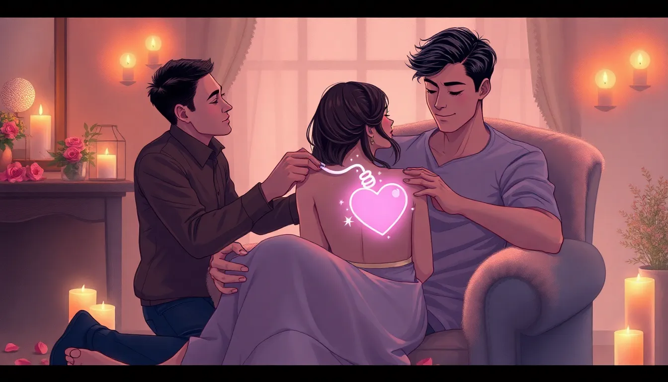 Romantic semi-realistic illustration of a man kneeling beside a woman on a plush chair, gently conne...