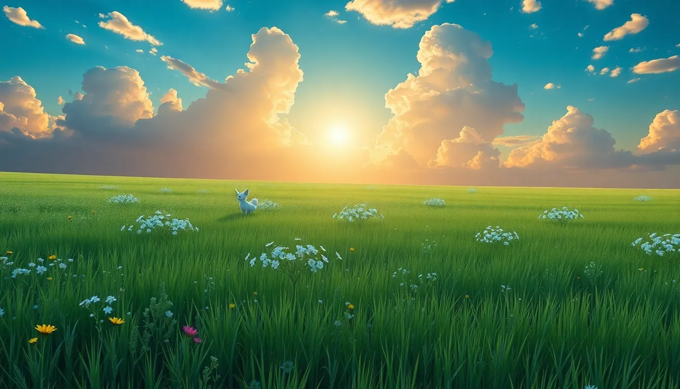 une vaste prairie avec un pokemon : mew, dans le ciel