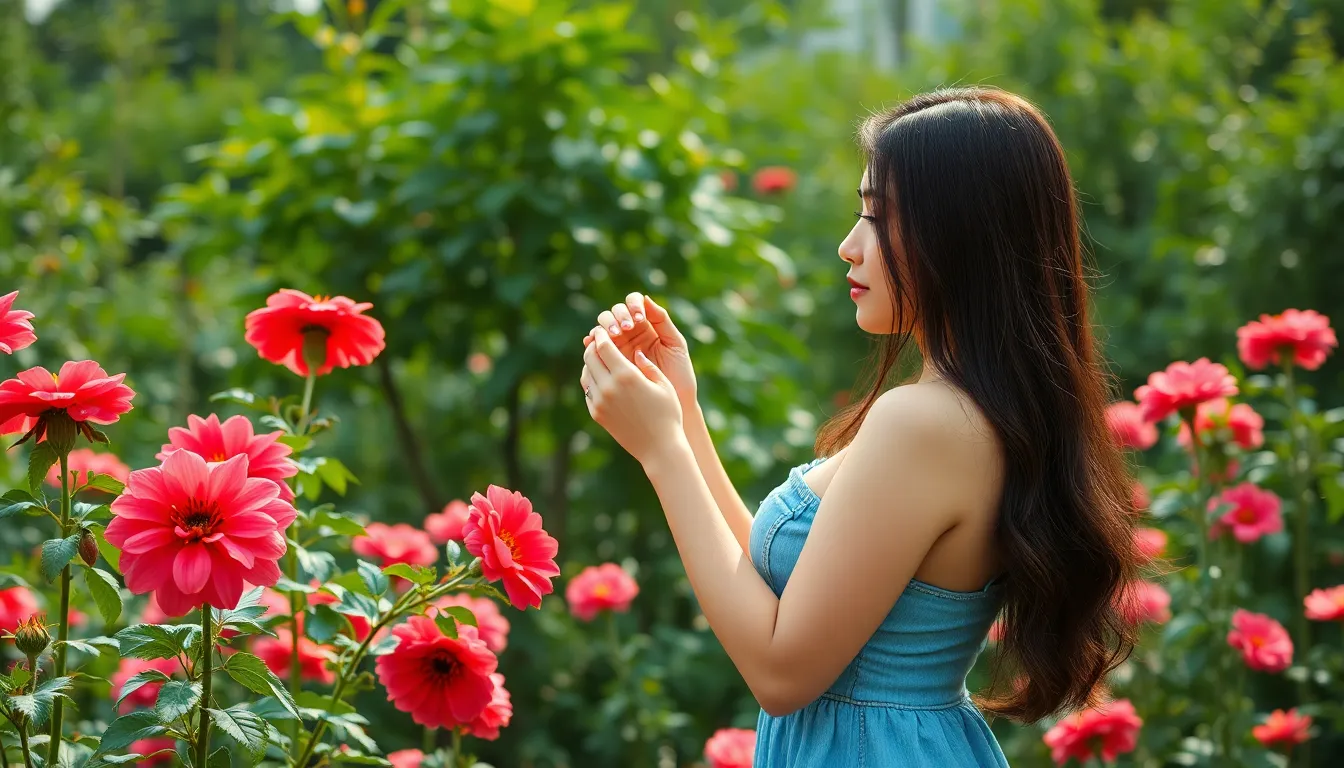 asian girl with big ass big boobs .... big side boobs ... trying to gether some flower in garden