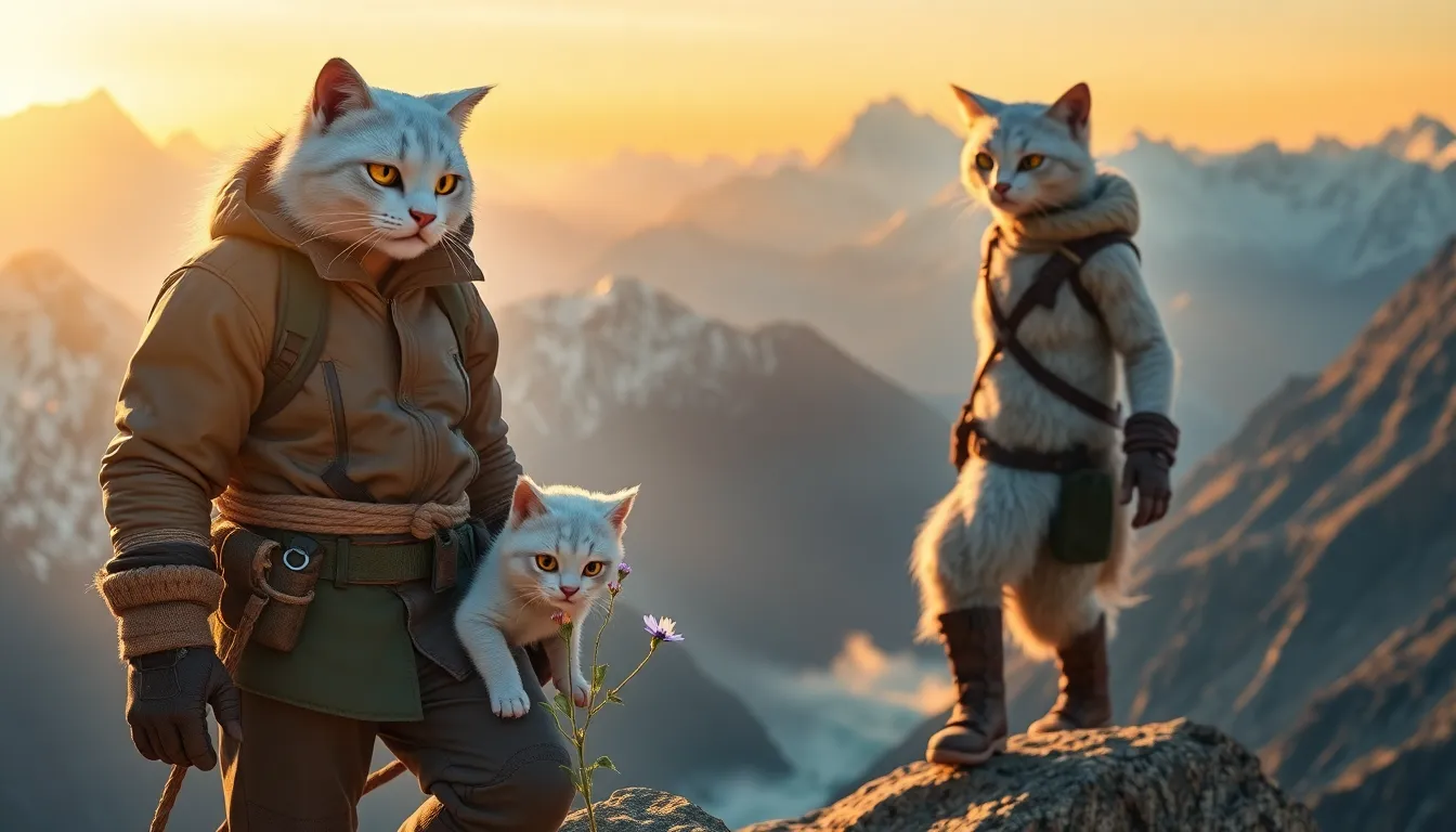 A Himalayan mountain range under golden sunset, icy jagged peaks.
A father character with a full adu...