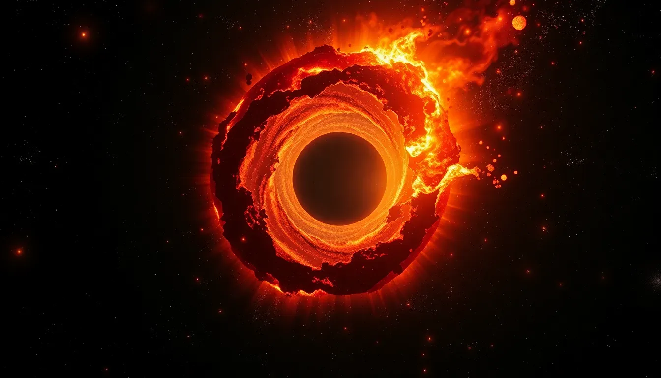 A black hole tearing apart a star, with glowing gas and debris spiraling into the darkness.