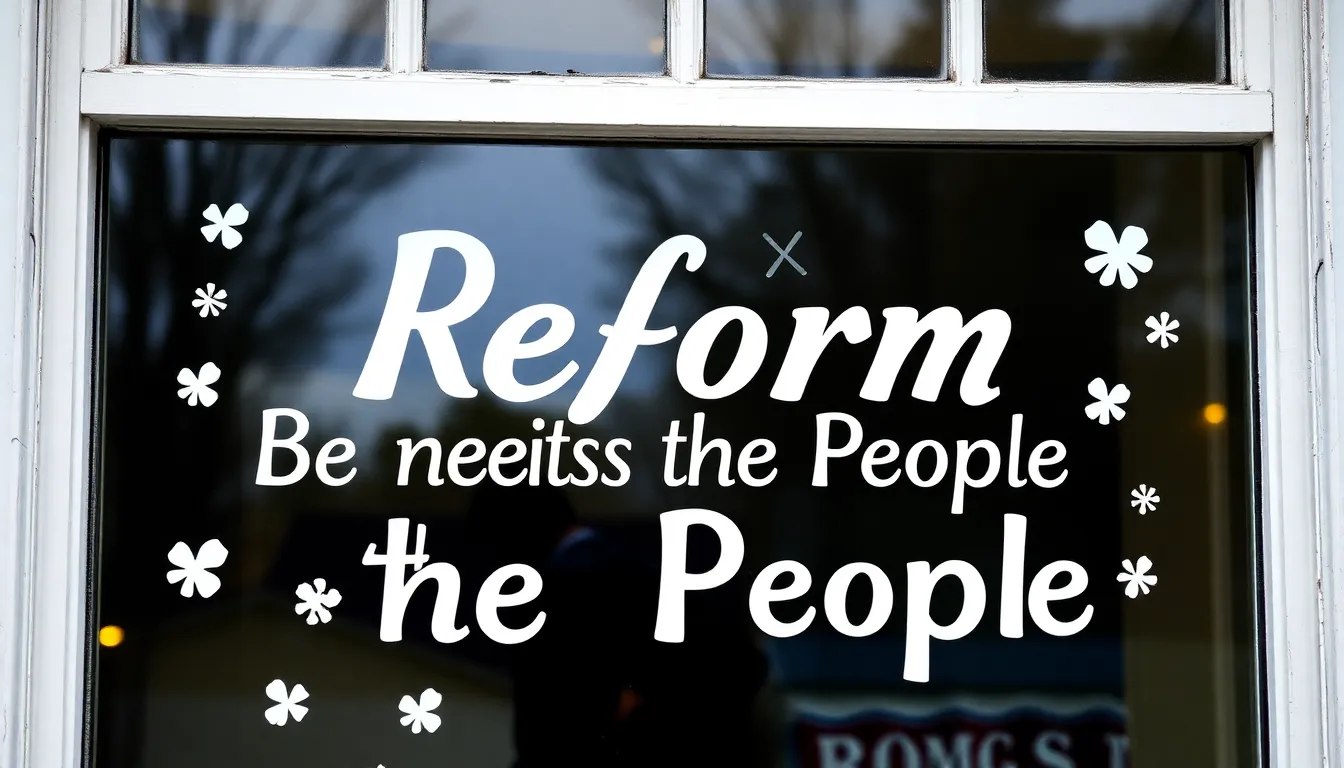 Help me create a window decoration with the words "Reform Be
nefits the People" written on it.