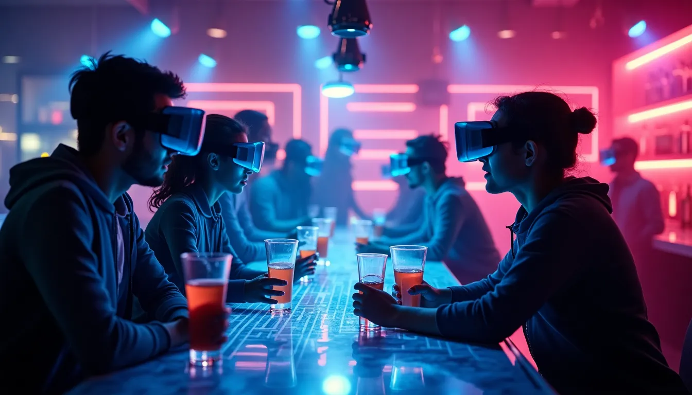 A cyberpunk-style bar with holographic bartenders,...