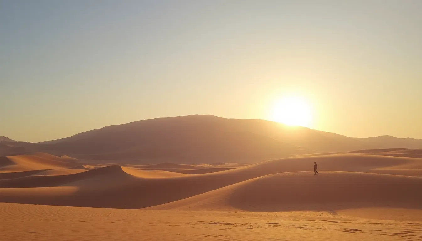 A desert landscape with massive sand dunes, a sett...