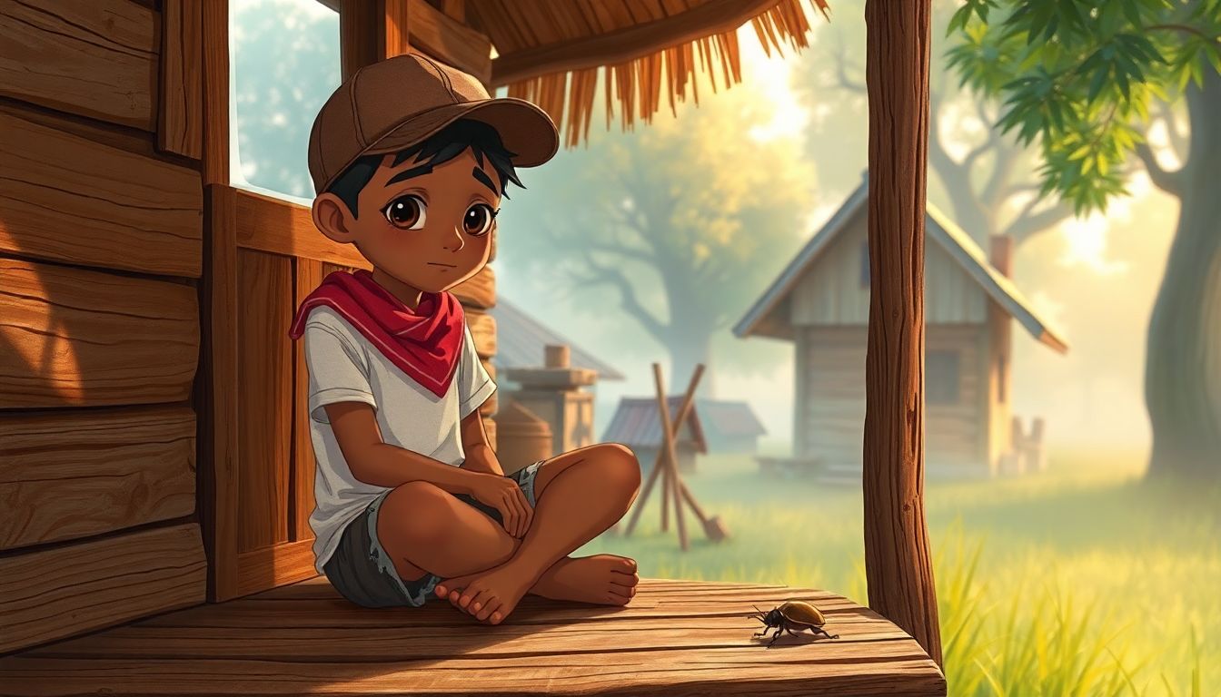 A hand-drawn 2D animated scene in a warm and magical village. A 15-year-old boy named Koko has brown...