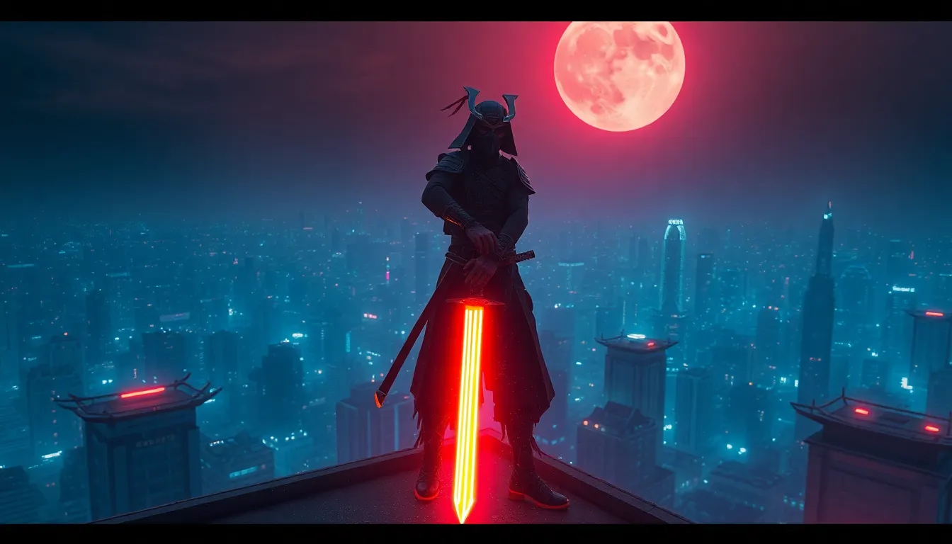 A cyberpunk samurai standing on a neon-lit rooftop...