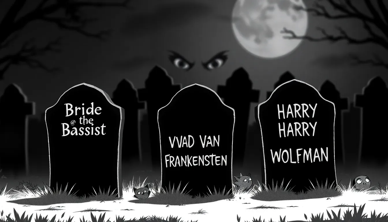 A black and white picture of an animated spooky gothic cemetery with three headstones in the foregro...