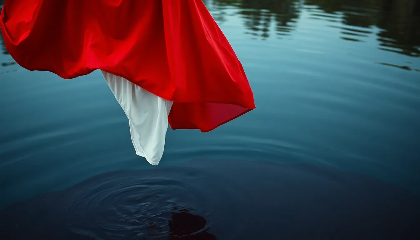 A sliver of White Linen Undergarments and a crimson cape floating above a pool of mire
