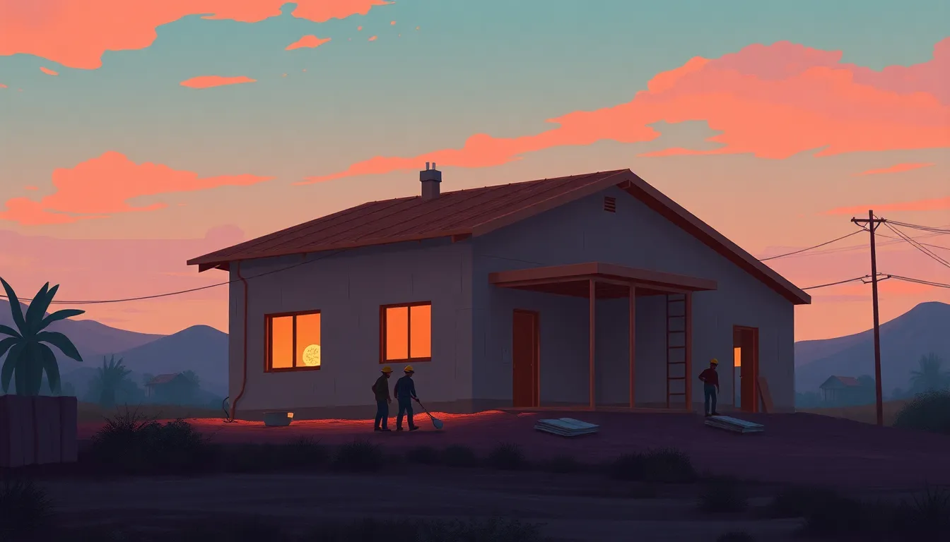 workers on a house construction site. It is in Mexican land, cinematic, painterly digital illustrati...