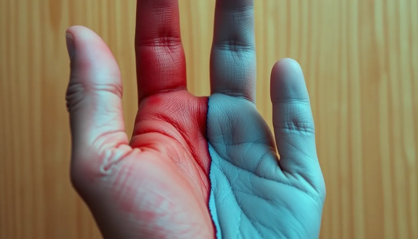 "Create an intriguing close-up image of a human hand with a dramatic color contrast. One side of the...