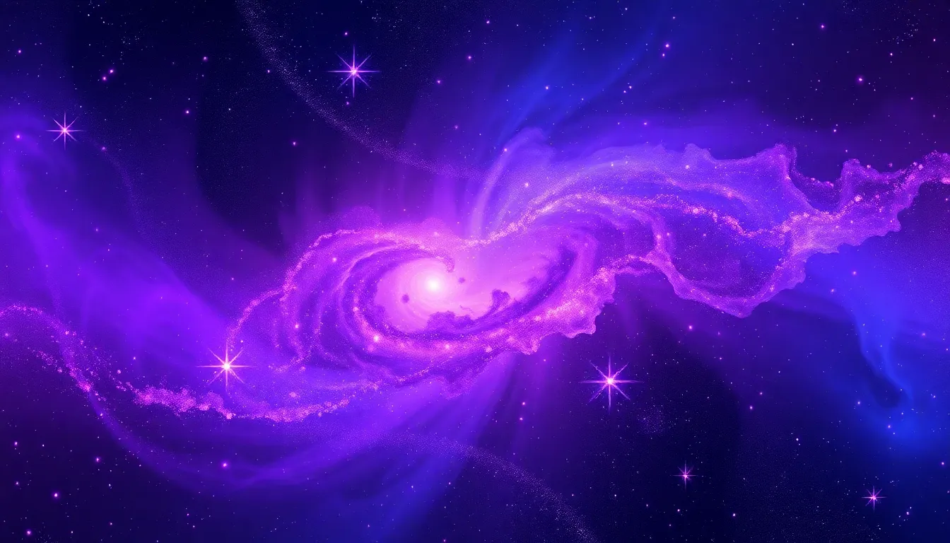 A dynamic, swirling galaxy with vibrant hues of pu...