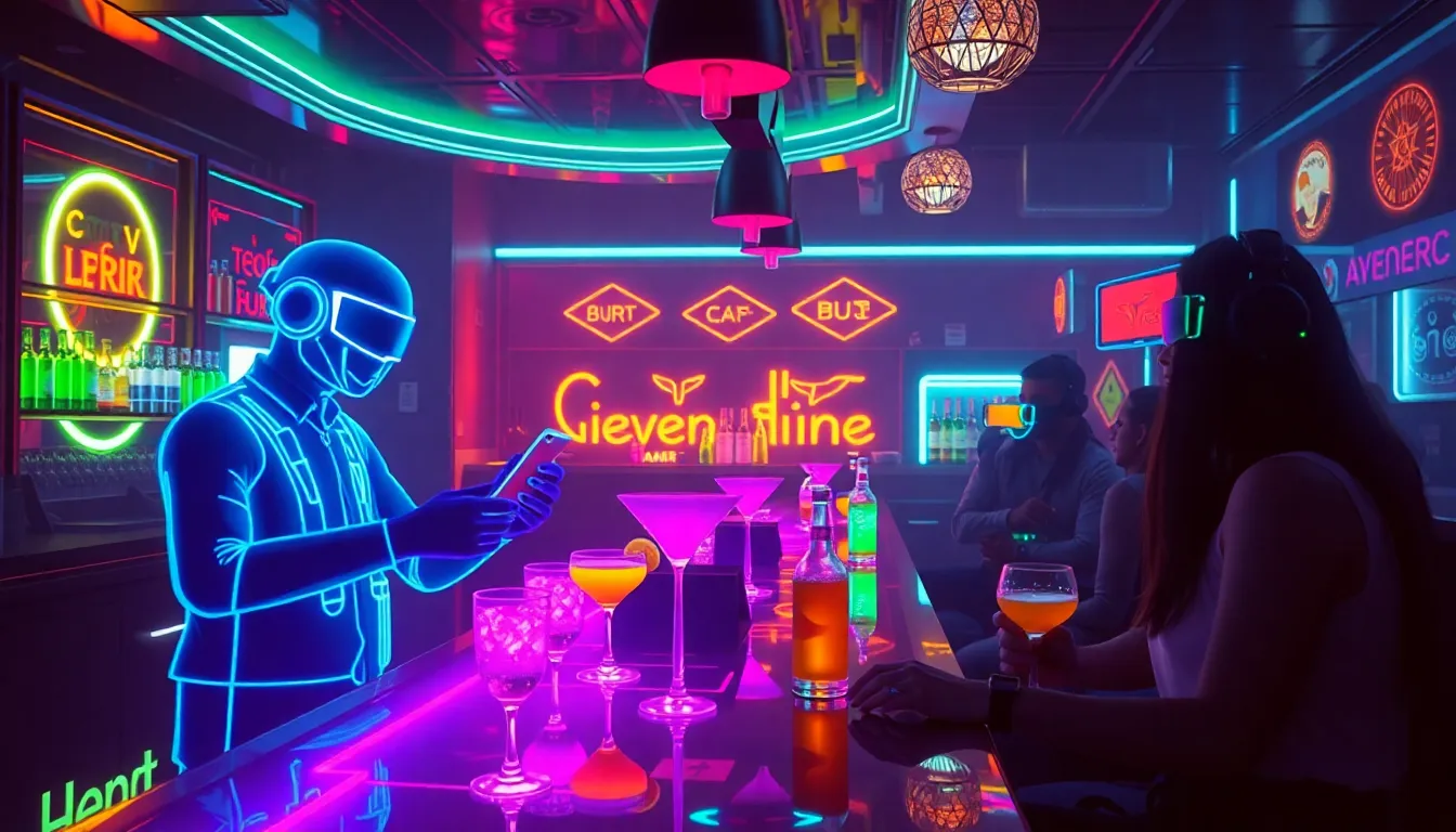 A cyberpunk-style bar with holographic bartenders, neon drinks glowing in the dark, and futuristic p...