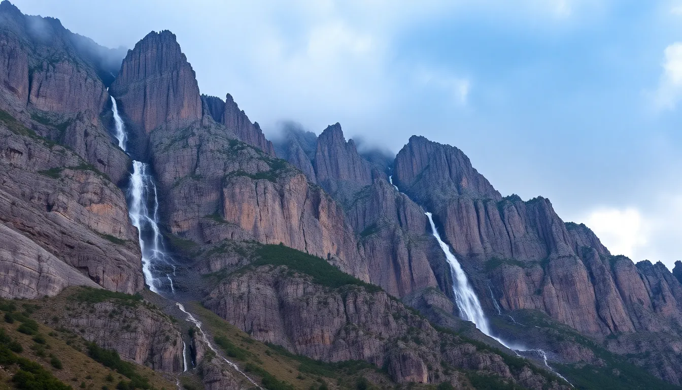 A dramatic rocky mountain range with steep cliffs and cascading waterfalls, under a cloudy sky.