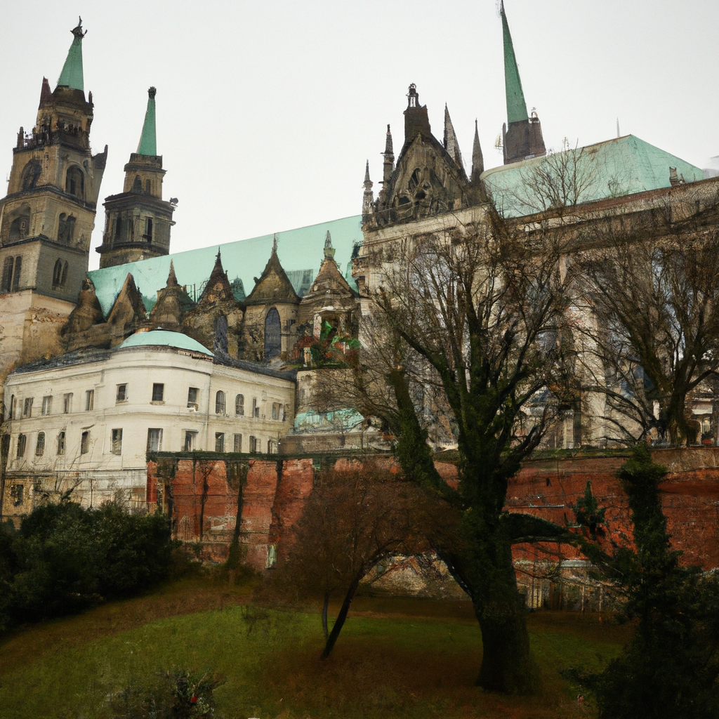 An ancient city with stone-paved streets, towering gothic cathedrals, and an overcast sky.