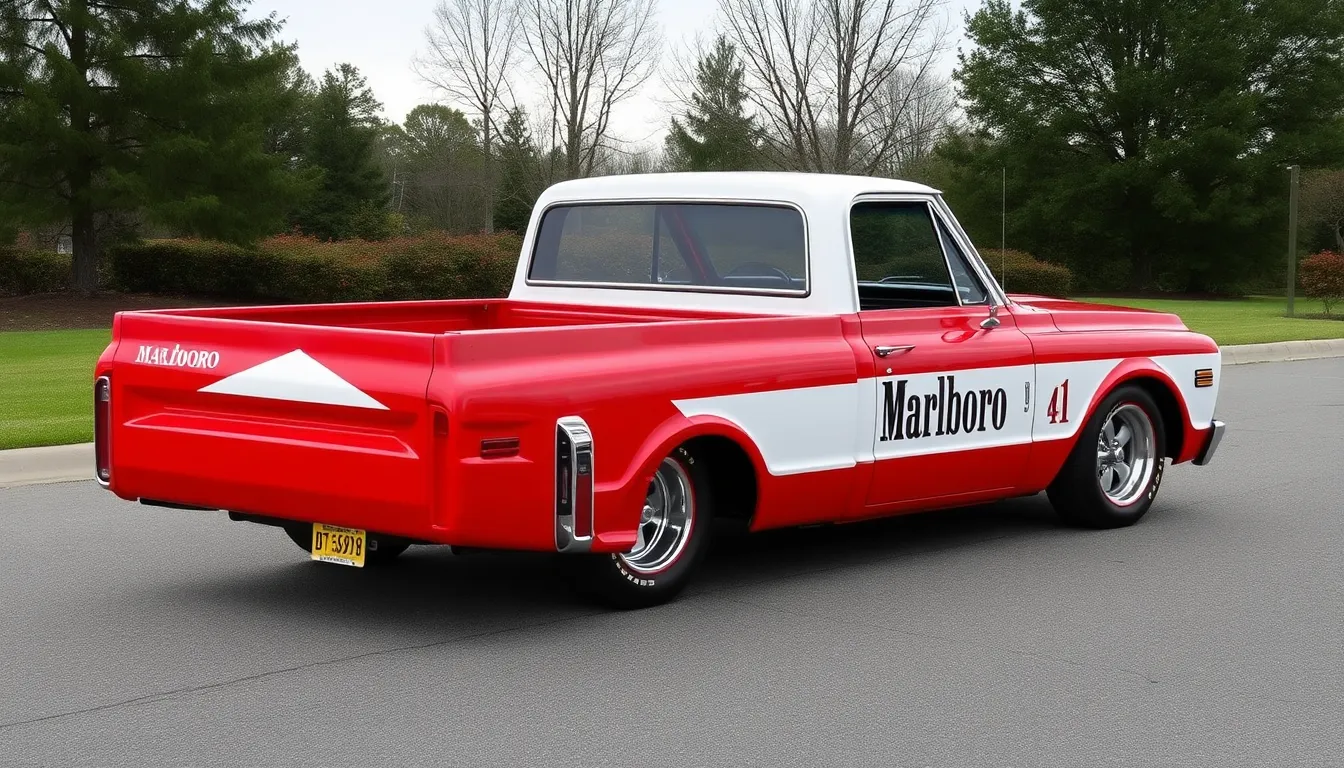 1968 c10 chevy truck with a duck tail spoiler and marlboro f1 car design from front top side view. p...