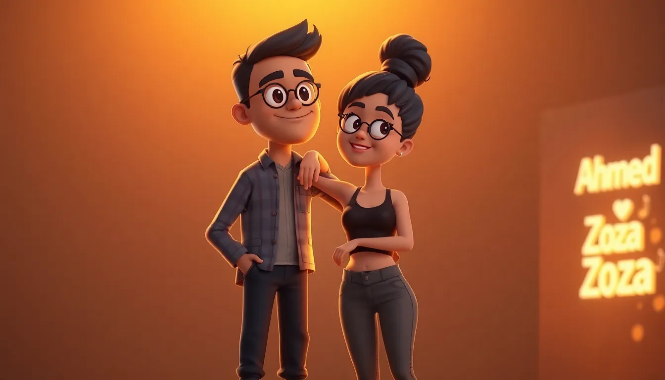 A cozy, stylized 3D cartoon portrait of Ahmed and Zoza standing side by side in golden hour light. Z...