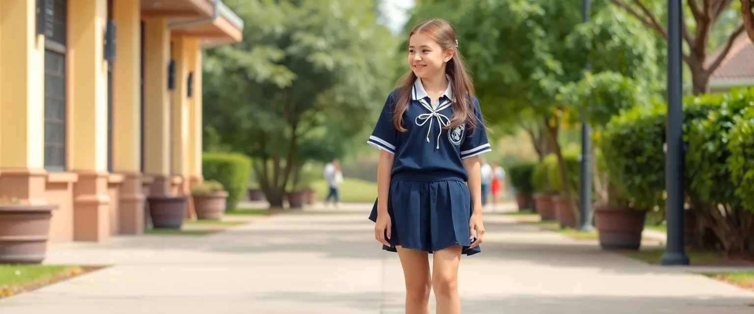 Colegiala de 10 años usando uniforme escolar con falda escolar muy corta y con grandes nalgas y redo...