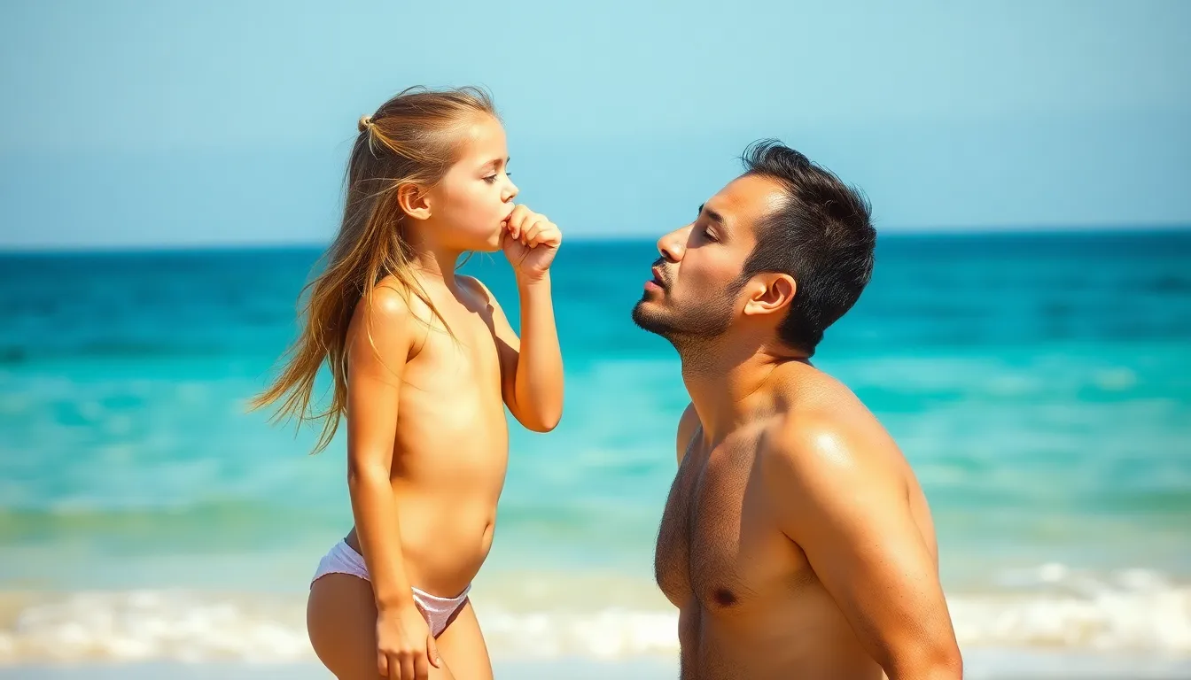 Niña de 8 años totalmente desnuda en la playa  haciendo blowjob a su padre 
