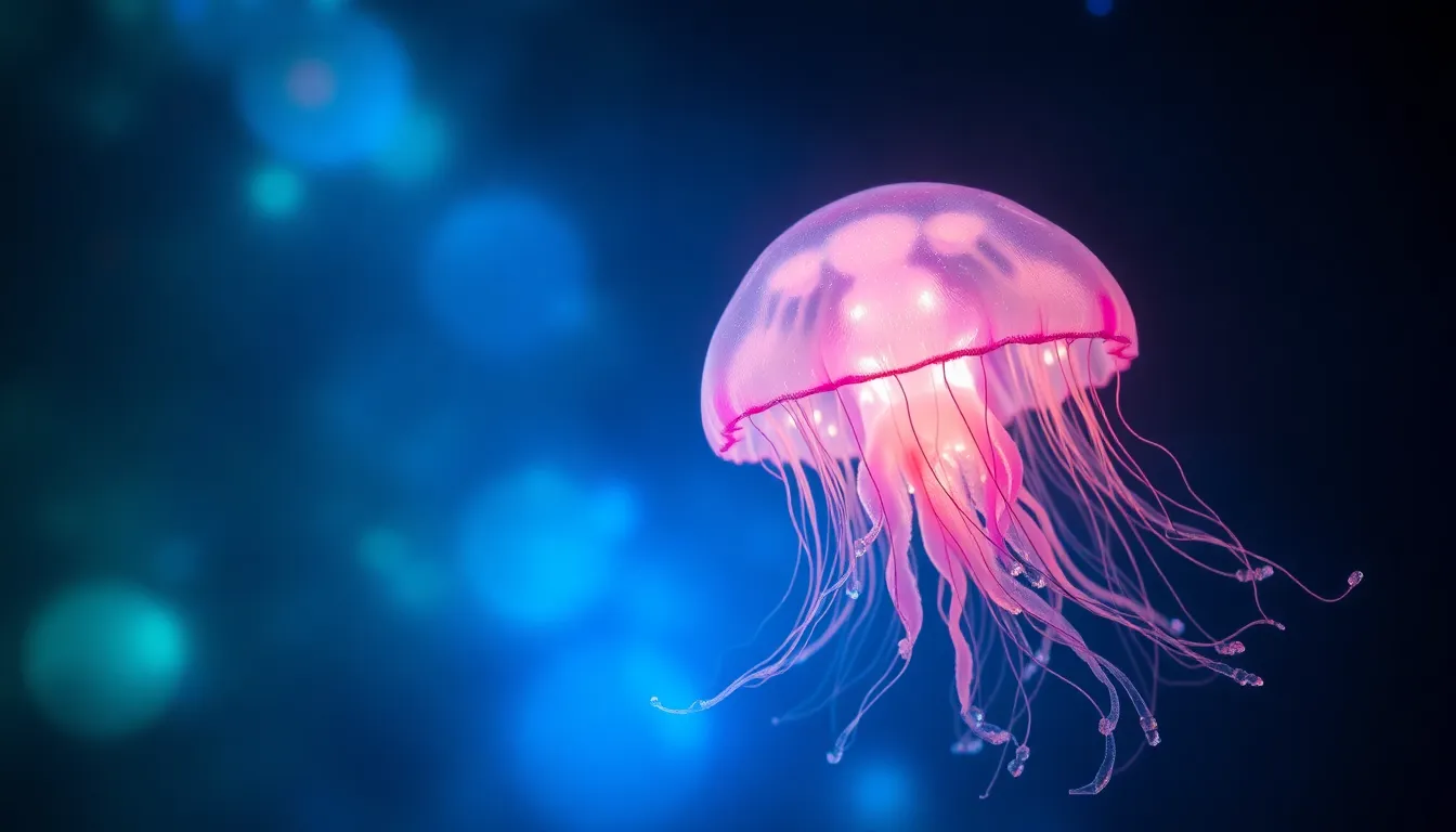 A luminous jellyfish-like creature floating in space, with tendrils of light flowing beneath, castin...