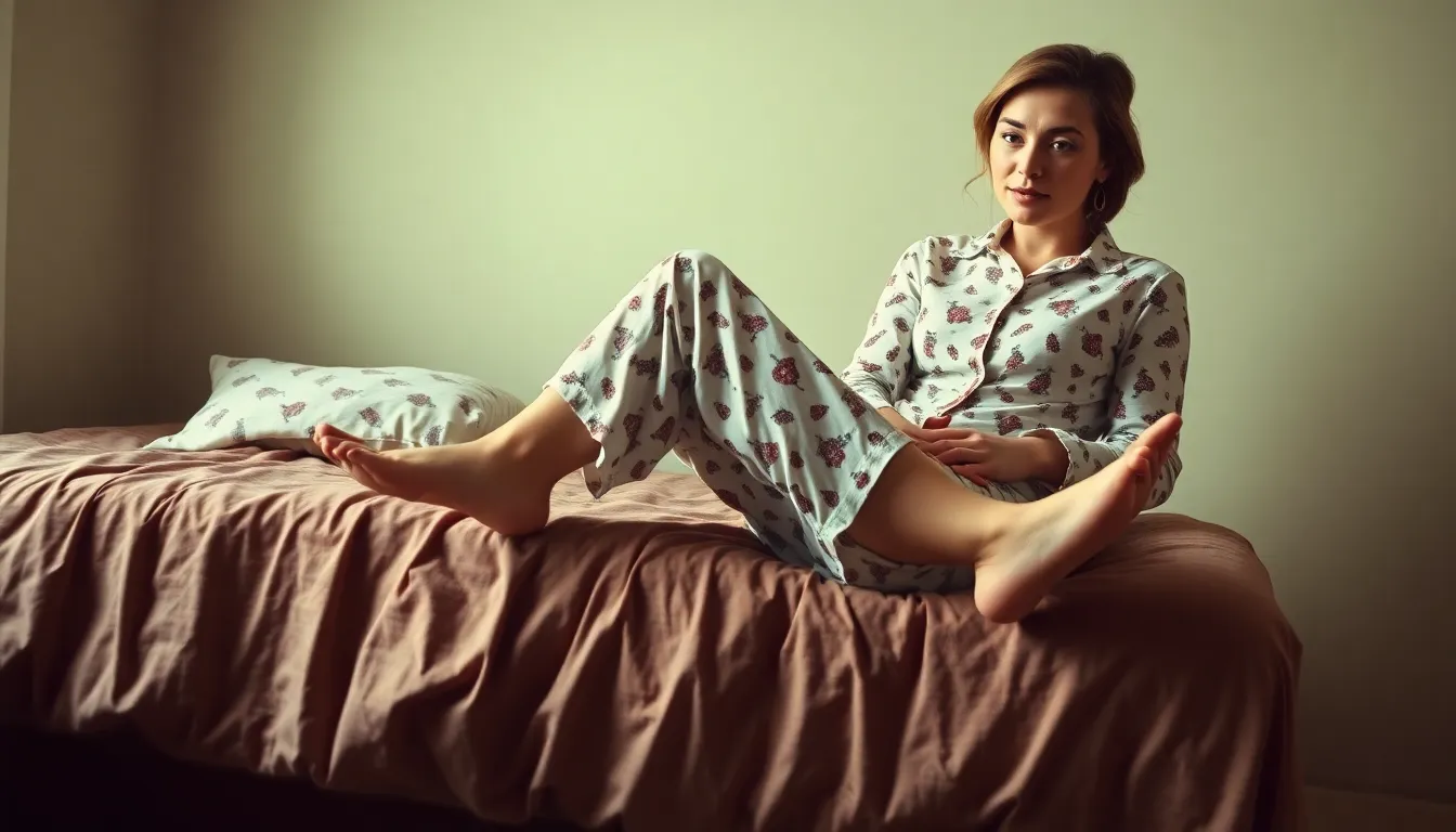 woman in tight-fitting vintage footed pajamas with foot stuck in sticky glue