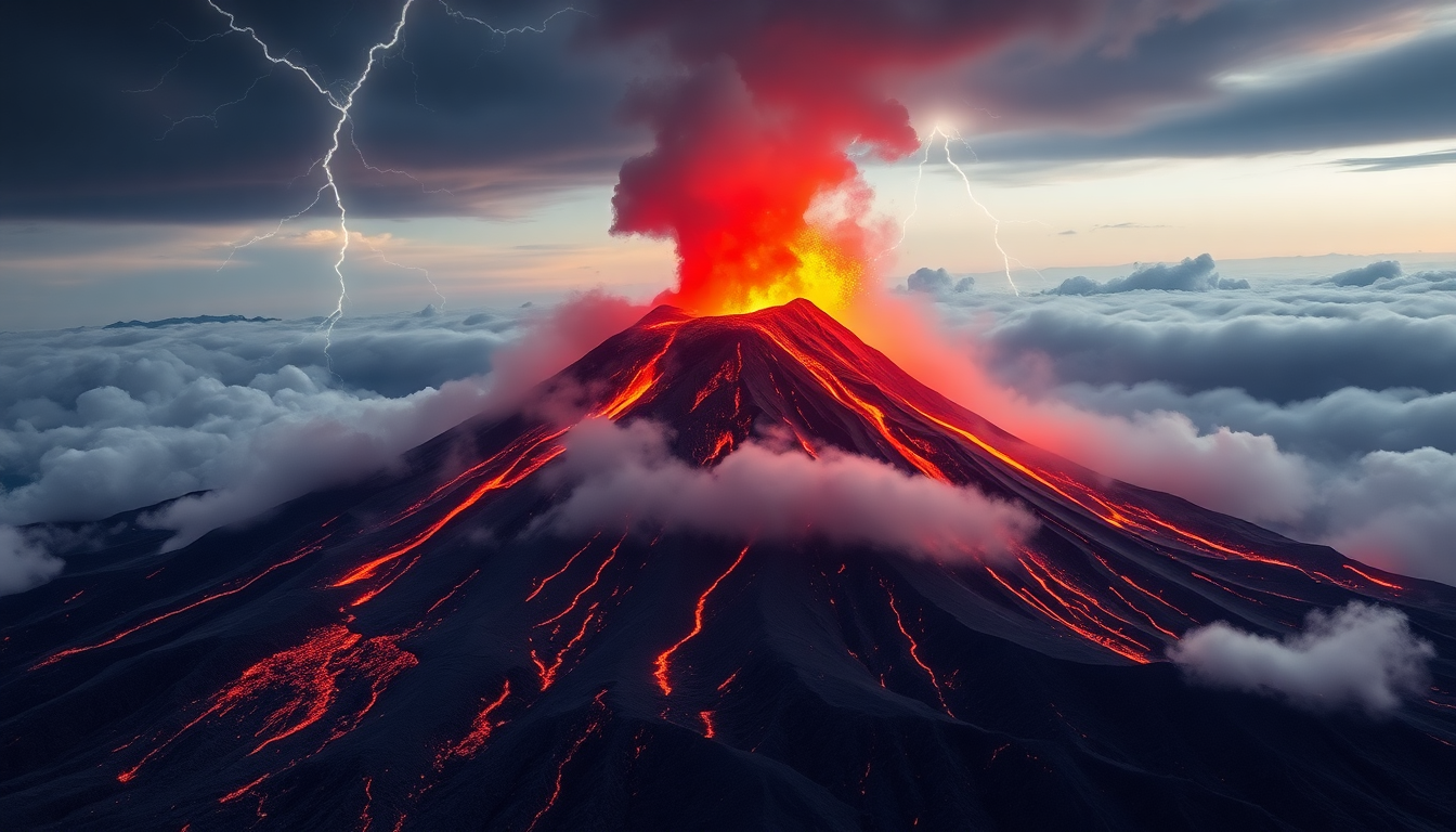 A volcanic mountain erupting with red-hot lava, su...