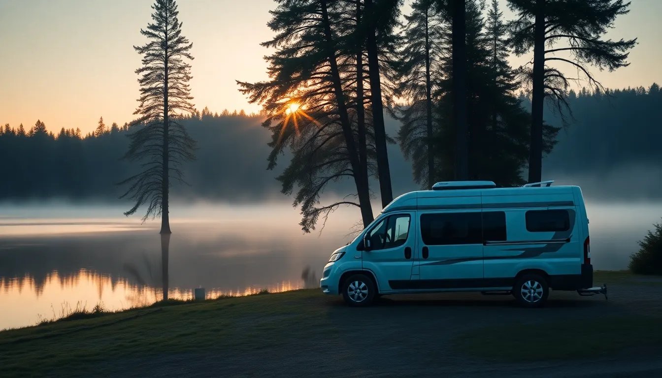 A peaceful lakeside at sunrise, a small luxury cam... A peaceful lakeside at sunrise, a small luxury cam...