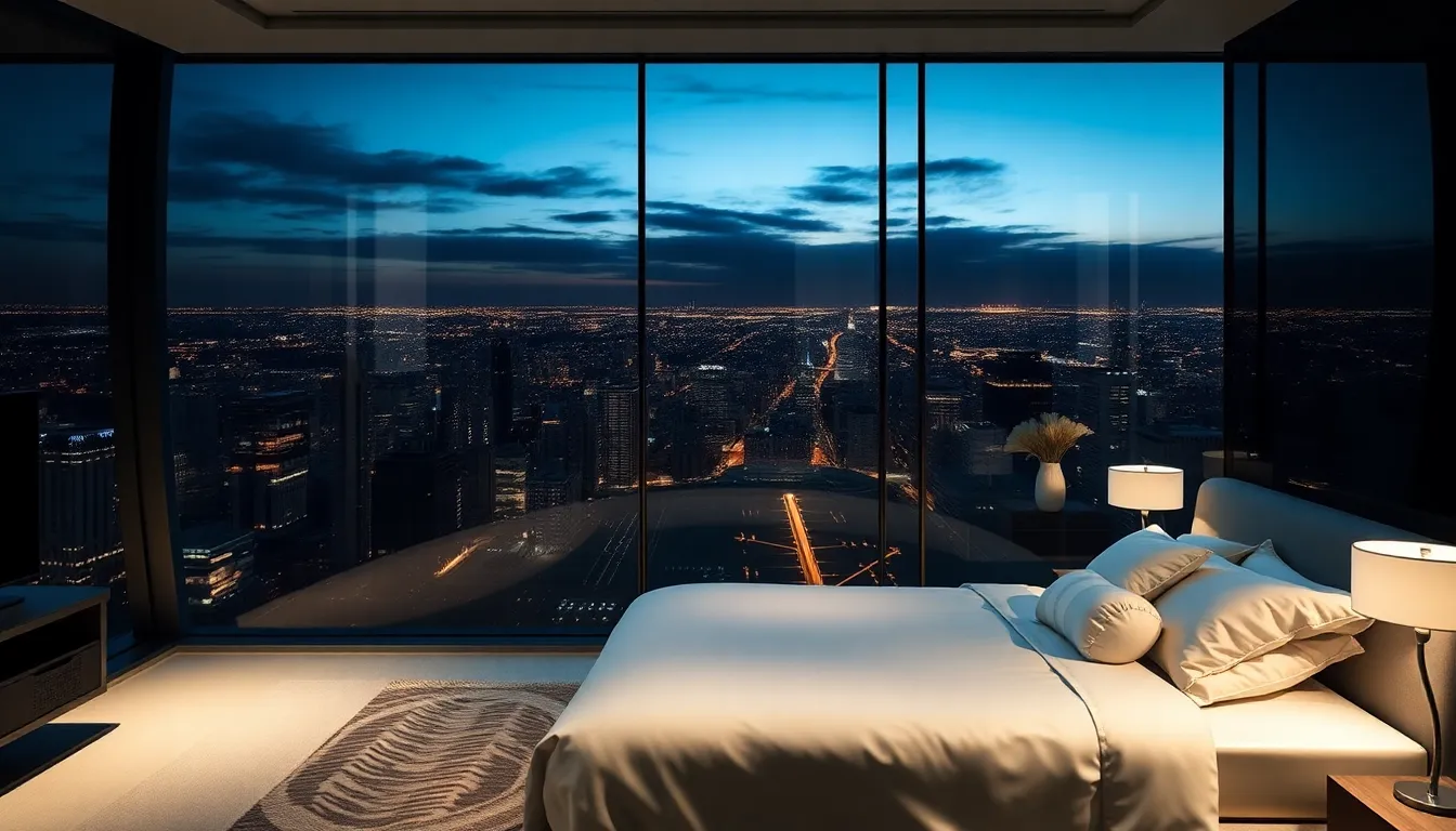 A luxurious futuristic bedroom with floor-to-ceiling glass windows, overlooking a cityscape at night... A luxurious futuristic bedroom with floor-to-ceiling glass windows, overlooking a cityscape at night...