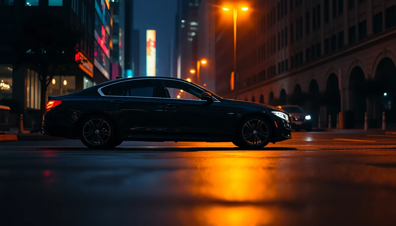 A luxury sedan parked on a quiet city street at night, glowing ambient interior lighting visible thr...